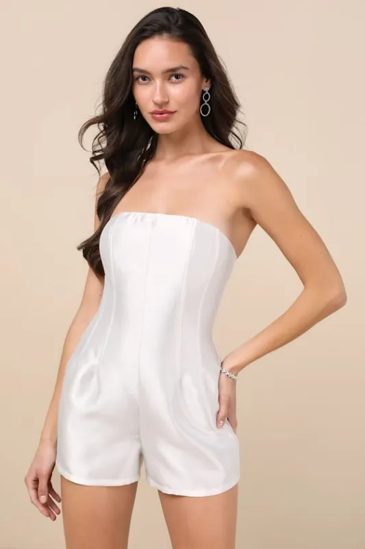 Dayvon White Strapless Romper sold by Lulus