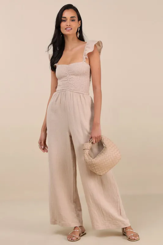 Daniyah Beige Smocked Flutter Sleeve Wide-Leg Jumpsuit sold by Lulus