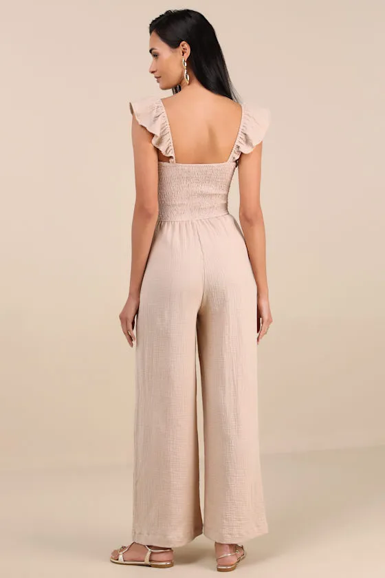 Daniyah Beige Smocked Flutter Sleeve Wide-Leg Jumpsuit sold by Lulus product image thumbnail 2