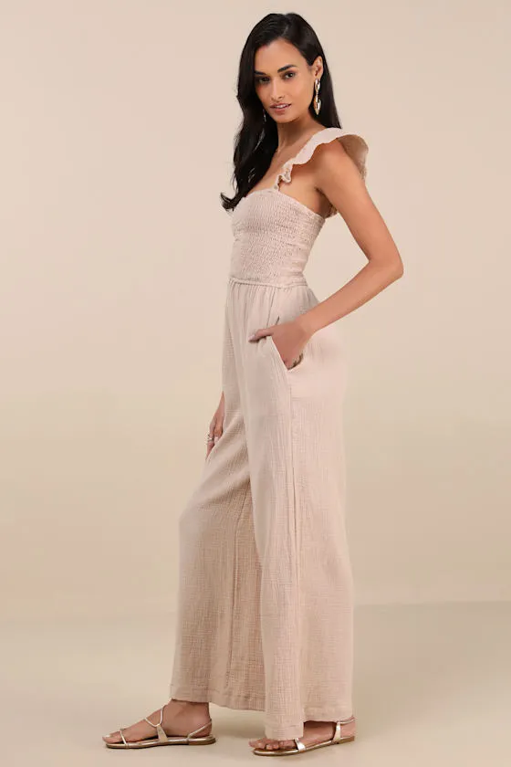 Daniyah Beige Smocked Flutter Sleeve Wide-Leg Jumpsuit sold by Lulus product image thumbnail 3