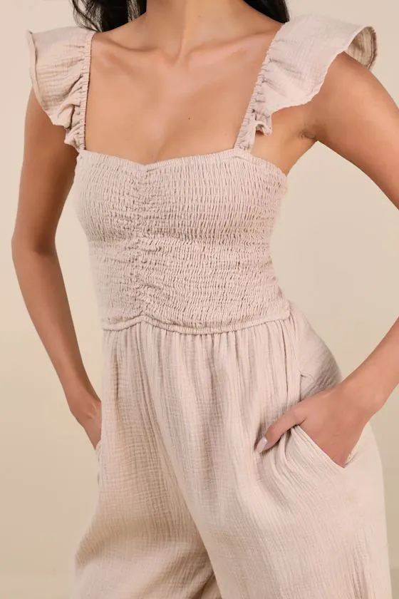 Daniyah Beige Smocked Flutter Sleeve Wide-Leg Jumpsuit sold by Lulus product image thumbnail 4