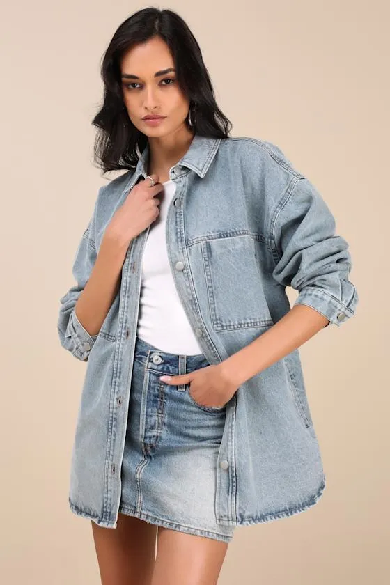 Callahan Light Wash Denim Oversized Shacket sold by Lulus