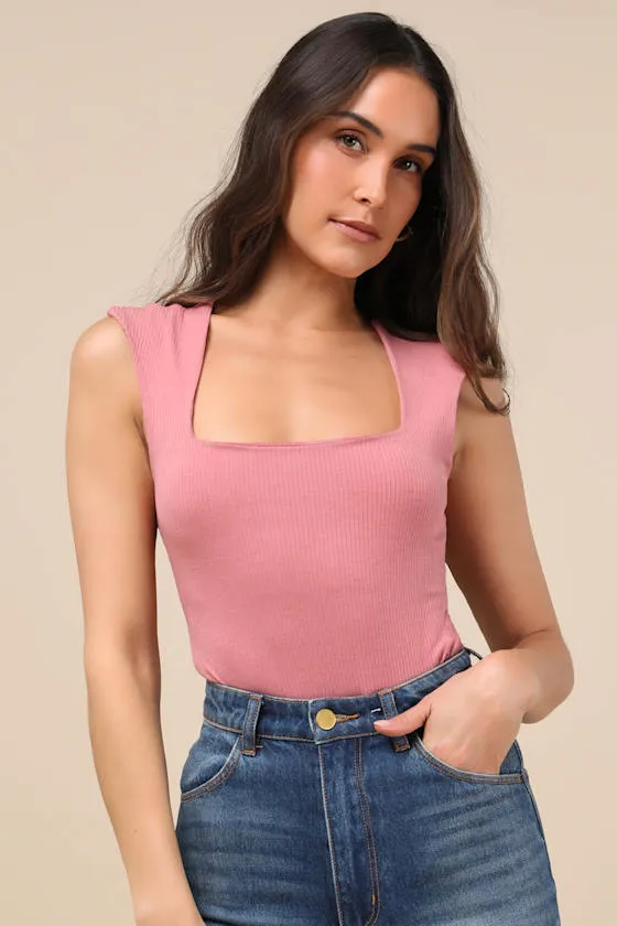 Sweet Crush Mauve Pink Ribbed Square Neck Bodysuit sold by Lulus