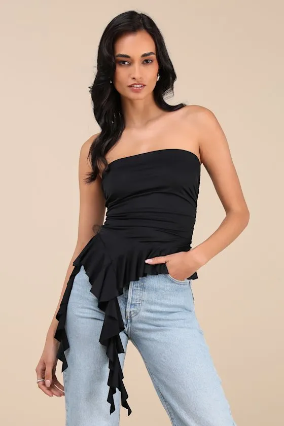 Upfront Chicness Black Asymmetrical Ruffled Strapless Top sold by Lulus