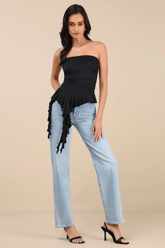 Upfront Chicness Black Asymmetrical Ruffled Strapless Top sold by Lulus product image thumbnail 3