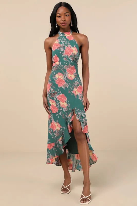 Elegant Entrance Teal Green Floral Print Halter Maxi Dress sold by Lulus