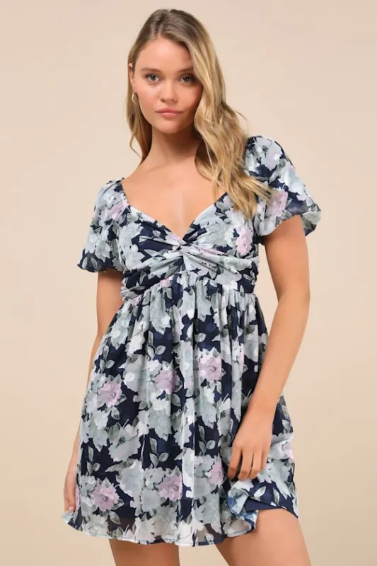 Fresh Florals Navy Floral Print Puff Sleeve Mini Dress sold by Lulus