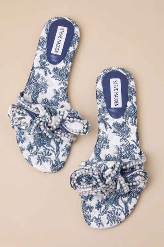 Misha Blue Multi Floral Knotted Pearl Slide Sandals sold by Lulus
