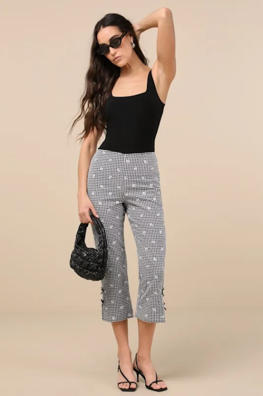 Zinni Black and White Gingham Embroidered Capri Pants sold by Lulus