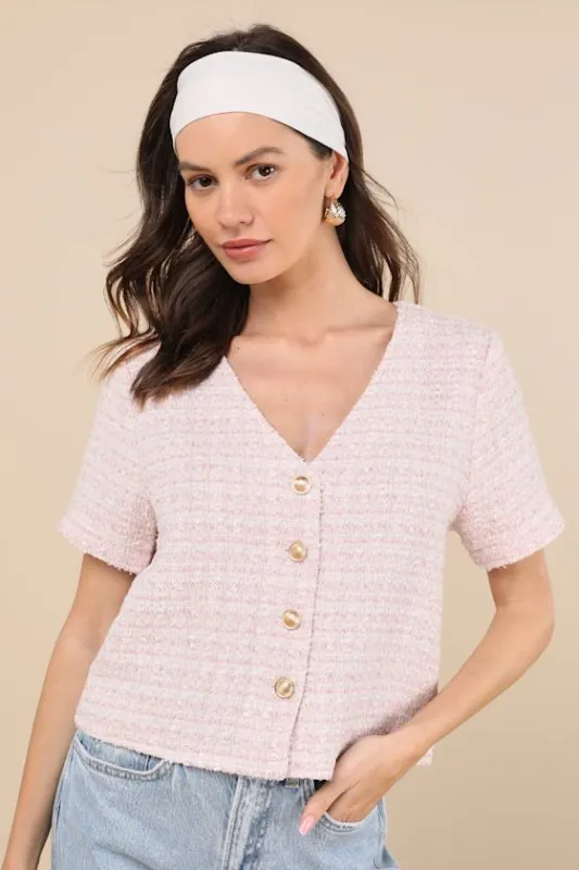 Chicest State Pink Tweed Button-Up Short Sleeve Top sold by Lulus