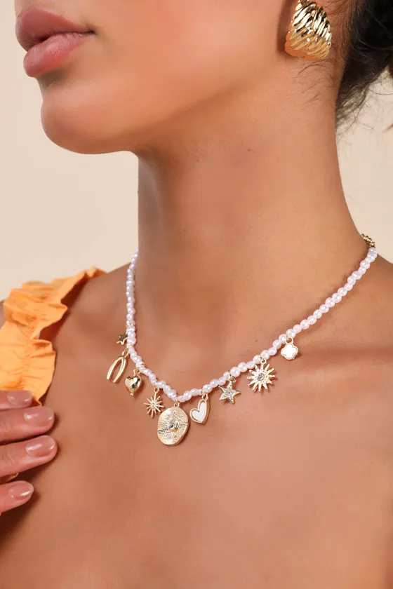 Laeta Gold and White Pearl Charm Necklace sold by Lulus