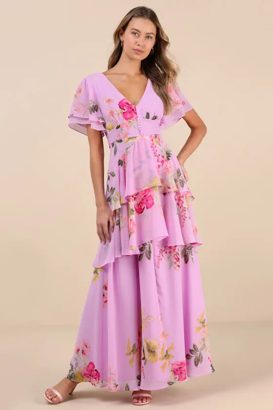 Midnight Mood Lilac Floral Print Tiered Maxi Dress sold by Lulus