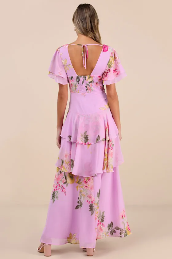Midnight Mood Lilac Floral Print Tiered Maxi Dress sold by Lulus product image thumbnail 2