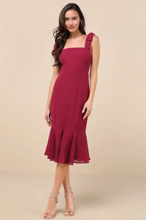 Bimini Dark Wine Red Swiss Dot Tie-Strap Midi Dress sold by Lulus