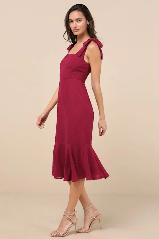Bimini Dark Wine Red Swiss Dot Tie-Strap Midi Dress sold by Lulus product image thumbnail 2