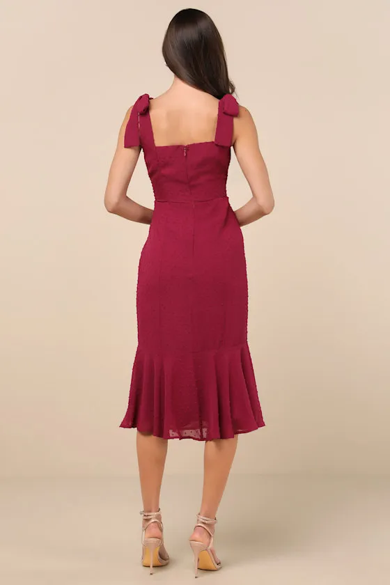 Bimini Dark Wine Red Swiss Dot Tie-Strap Midi Dress sold by Lulus product image thumbnail 3