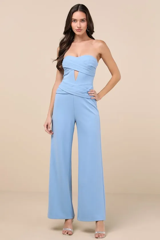 Natasha Light Blue Strapless Pleated Jumpsuit sold by Lulus