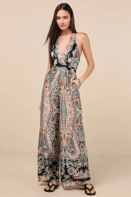 Divine Wanderings Black Scarf Print Satin Wide-Leg Jumpsuit sold by Lulus