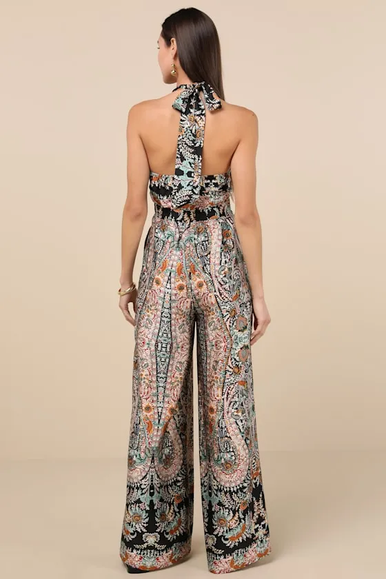Divine Wanderings Black Scarf Print Satin Wide-Leg Jumpsuit sold by Lulus product image thumbnail 2