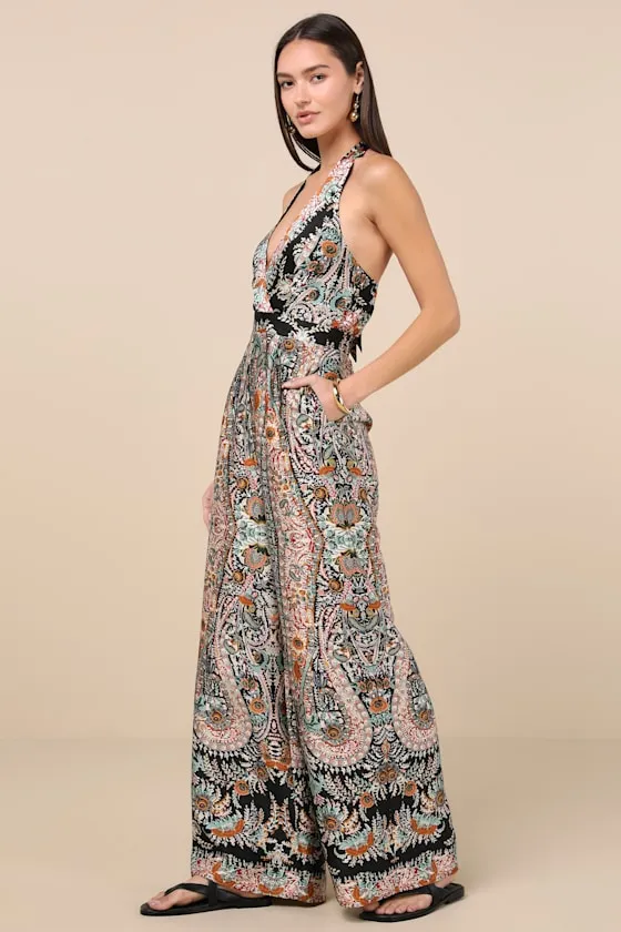 Divine Wanderings Black Scarf Print Satin Wide-Leg Jumpsuit sold by Lulus product image thumbnail 3