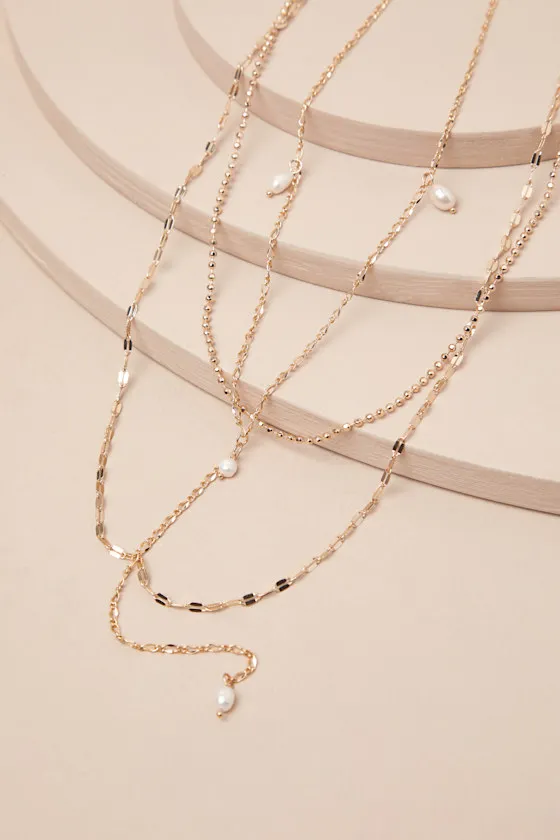 Ferona Gold Pearl Layered Lariat Necklace sold by Lulus