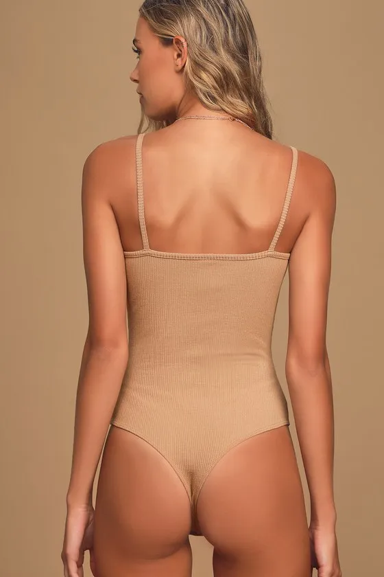 Talula Tan Ribbed V-Neck Cami Bodysuit sold by Lulus product image thumbnail 4