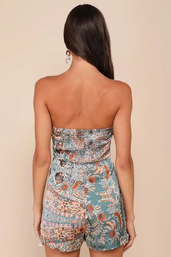 Bohemian Perfection Teal Boho Floral Strapless Tasseled Romper sold by Lulus product image thumbnail 2