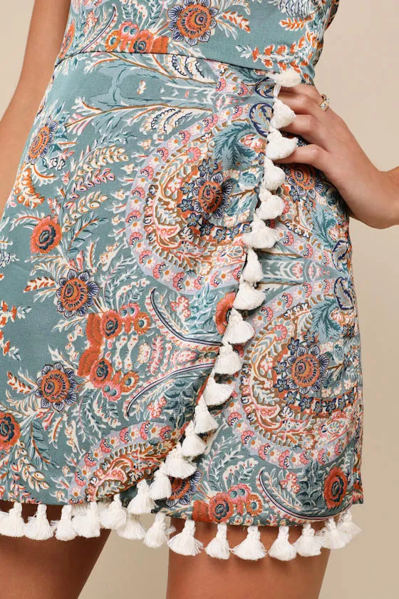 Bohemian Perfection Teal Boho Floral Strapless Tasseled Romper sold by Lulus product image thumbnail 4