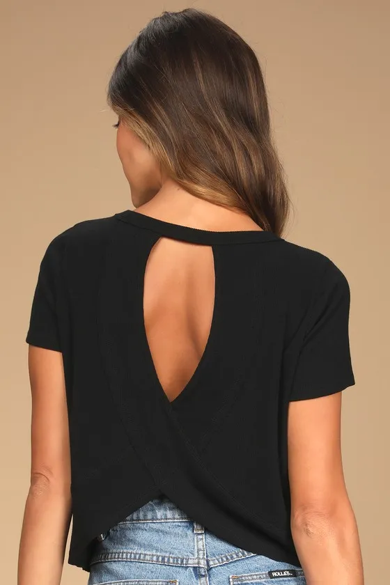 Boosted Basic Black Ribbed Cutout Short Sleeve Top sold by Lulus