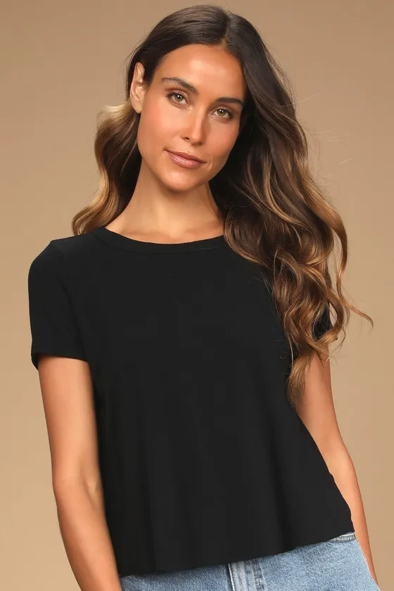 Boosted Basic Black Ribbed Cutout Short Sleeve Top sold by Lulus product image thumbnail 2