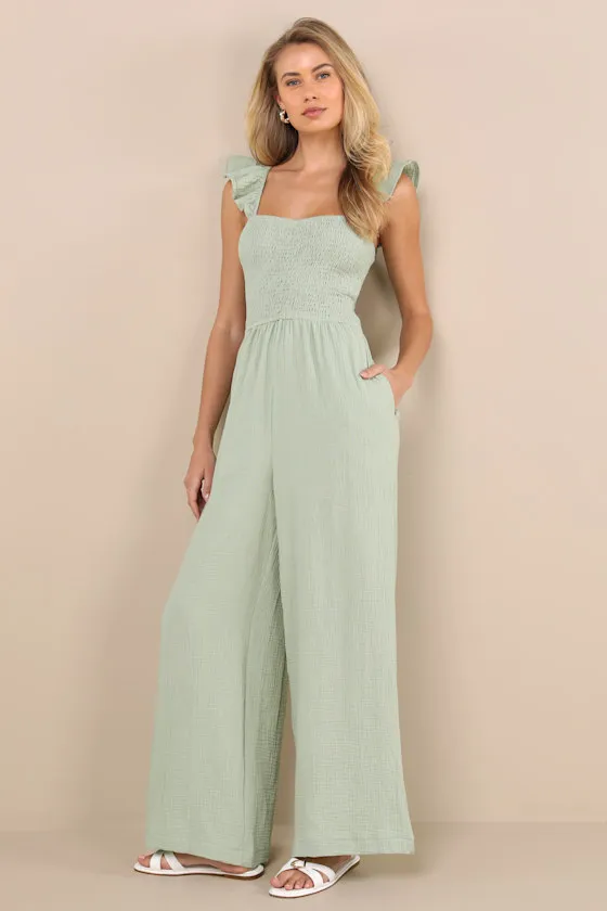Daniyah Sage Green Smocked Flutter Sleeve Wide-Leg Jumpsuit sold by Lulus