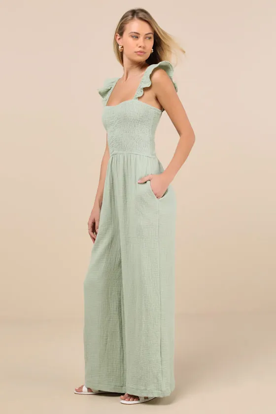 Daniyah Sage Green Smocked Flutter Sleeve Wide-Leg Jumpsuit sold by Lulus product image thumbnail 3