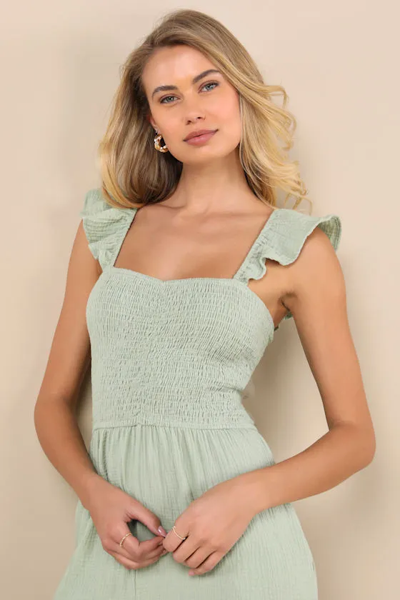 Daniyah Sage Green Smocked Flutter Sleeve Wide-Leg Jumpsuit sold by Lulus product image thumbnail 4