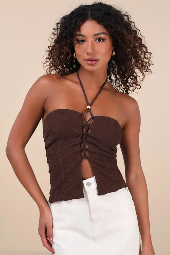 Kelani Brown Textured Knit Halter Crop Top sold by Lulus