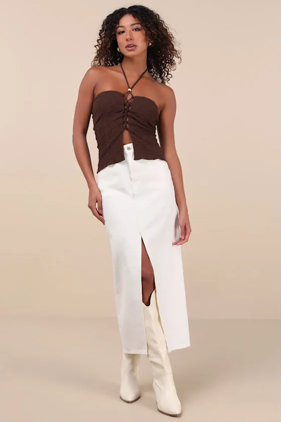 Kelani Brown Textured Knit Halter Crop Top sold by Lulus product image thumbnail 3