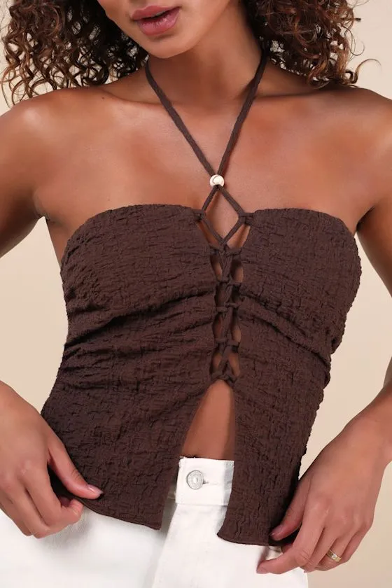 Kelani Brown Textured Knit Halter Crop Top sold by Lulus product image thumbnail 4