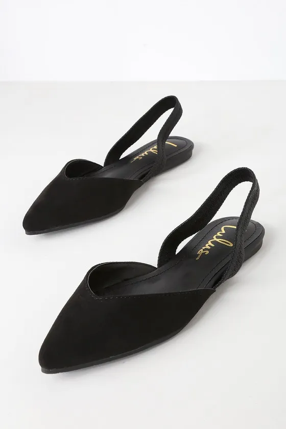 Mae Black Suede Pointed-Toe Slingback Flats sold by Lulus