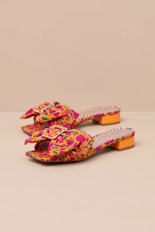 Garnet Orange Floral Pearl Bow Slide Sandals sold by Lulus