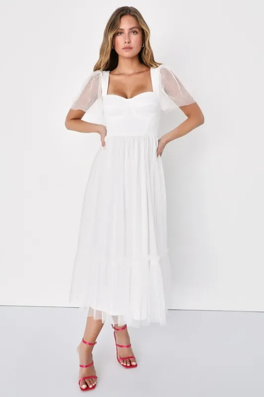 Dreamy Celebration White Tulle Bustier Swiss Dot Midi Dress sold by Lulus