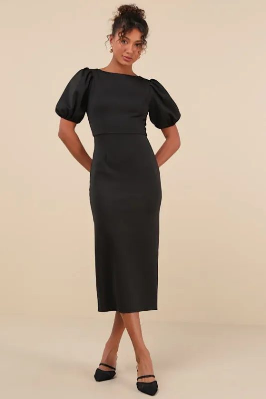 Simply Beloved Black Puff Sleeve Bodycon Midi Dress sold by Lulus
