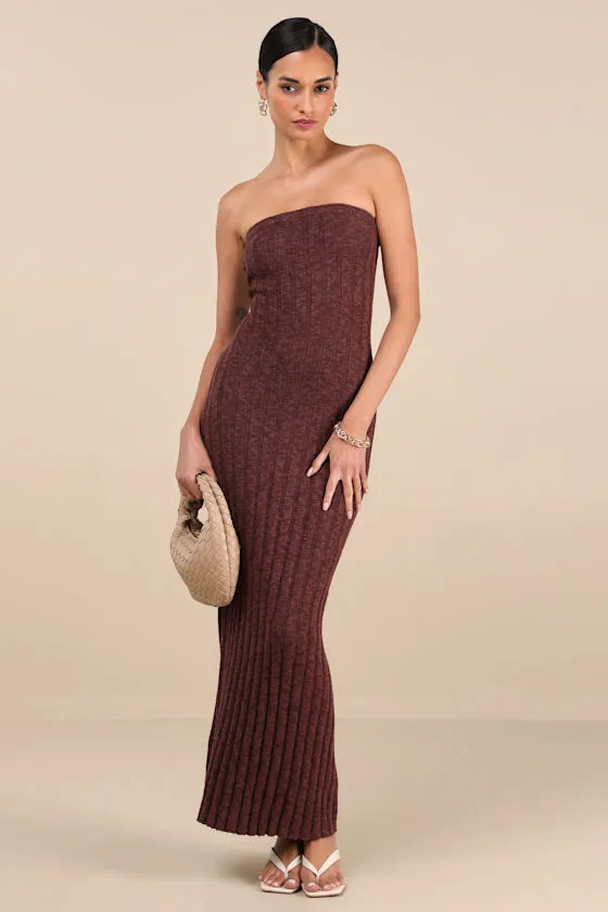 Koko Brown Ribbed Knit Strapless Maxi Dress sold by Lulus