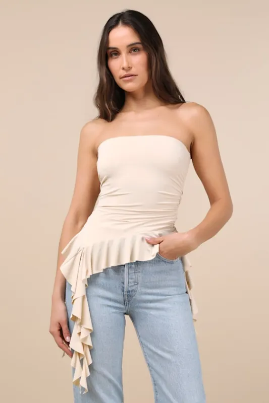 Upfront Chicness Beige Asymmetrical Ruffled Strapless Top sold by Lulus