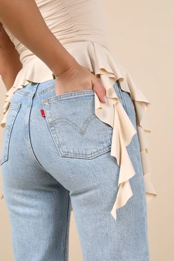 Upfront Chicness Beige Asymmetrical Ruffled Strapless Top sold by Lulus product image thumbnail 4