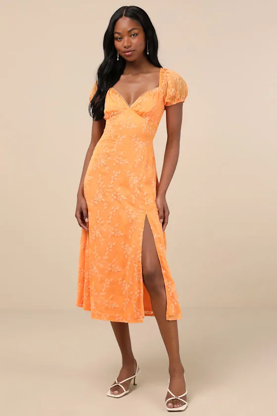 Blossoming with Charm Orange Embroidered Tie-Back Midi Dress sold by Lulus