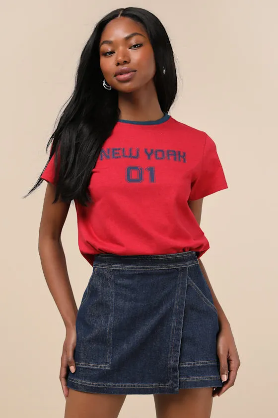 Fadella Dark Wash Denim High-Rise Skort sold by Lulus