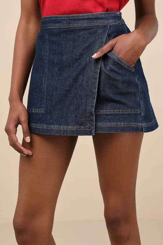 Fadella Dark Wash Denim High-Rise Skort sold by Lulus product image thumbnail 3
