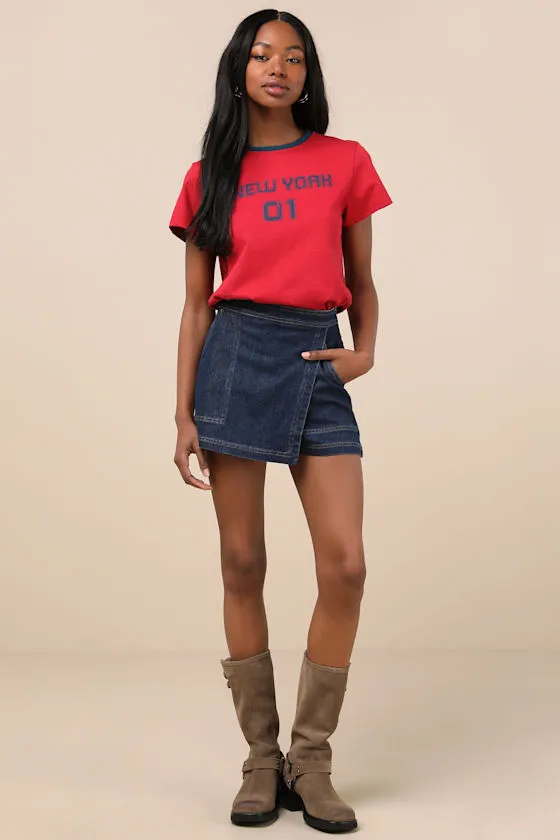 Fadella Dark Wash Denim High-Rise Skort sold by Lulus product image thumbnail 4