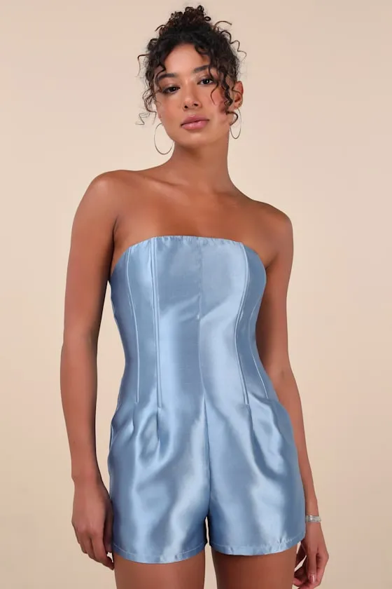 Dayvon Light Blue Strapless Romper sold by Lulus