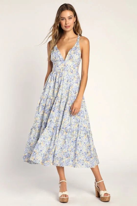 Brightly Blossoming Light Blue Floral Tiered Midi Dress sold by Lulus