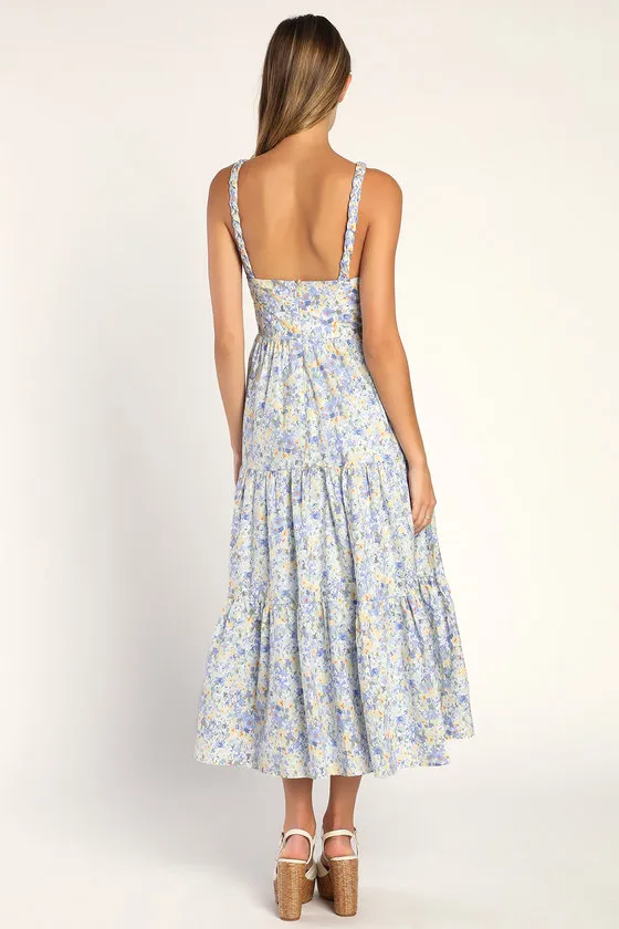 Brightly Blossoming Light Blue Floral Tiered Midi Dress sold by Lulus product image thumbnail 4